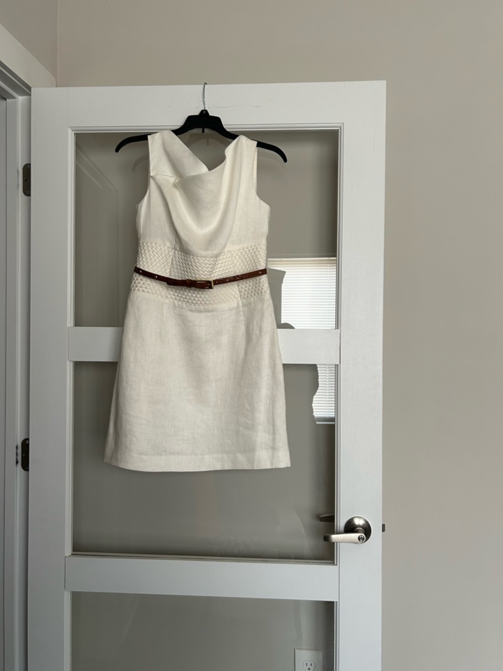 ANTONIO MELANI Cream Sleeveless Sheath Dress with Brown Belt